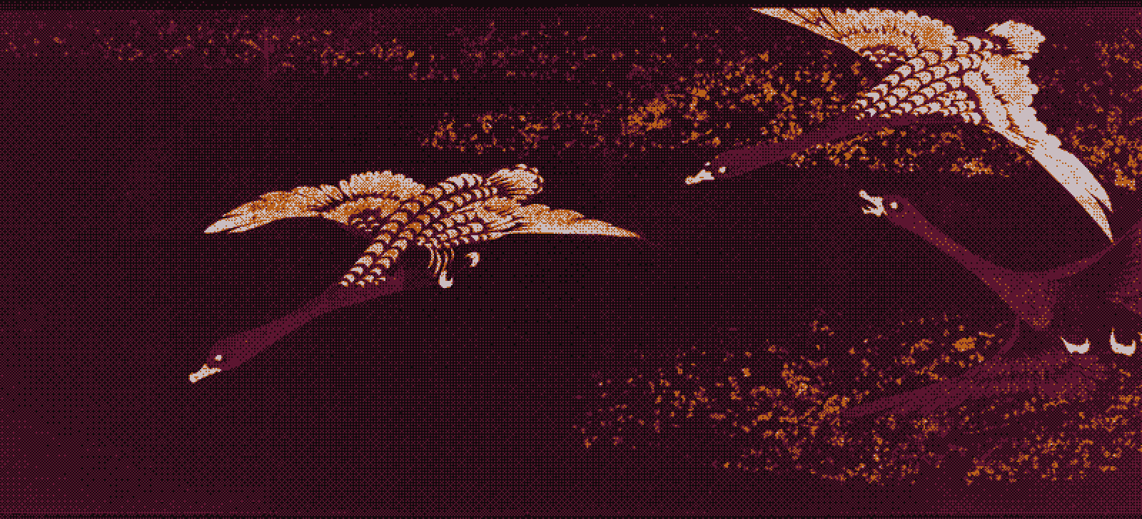 Dithered woodblock print of four geese banking in flight